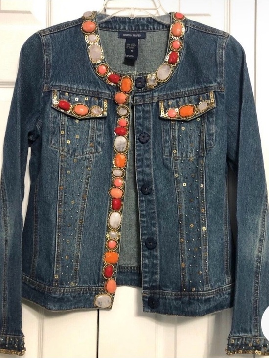 Boston Proper Jackets & Blazers - Boston Proper Denim Jacket with Coral, Orange & White Stone Trim